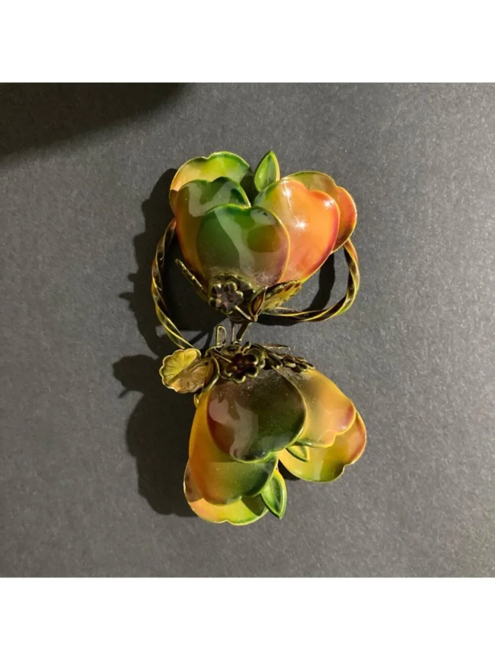 Vintage Enamel Metal Scarf Brooch Green And Orange Floral Design 3